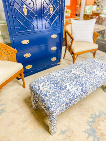 Blue and White Upholstered Bench