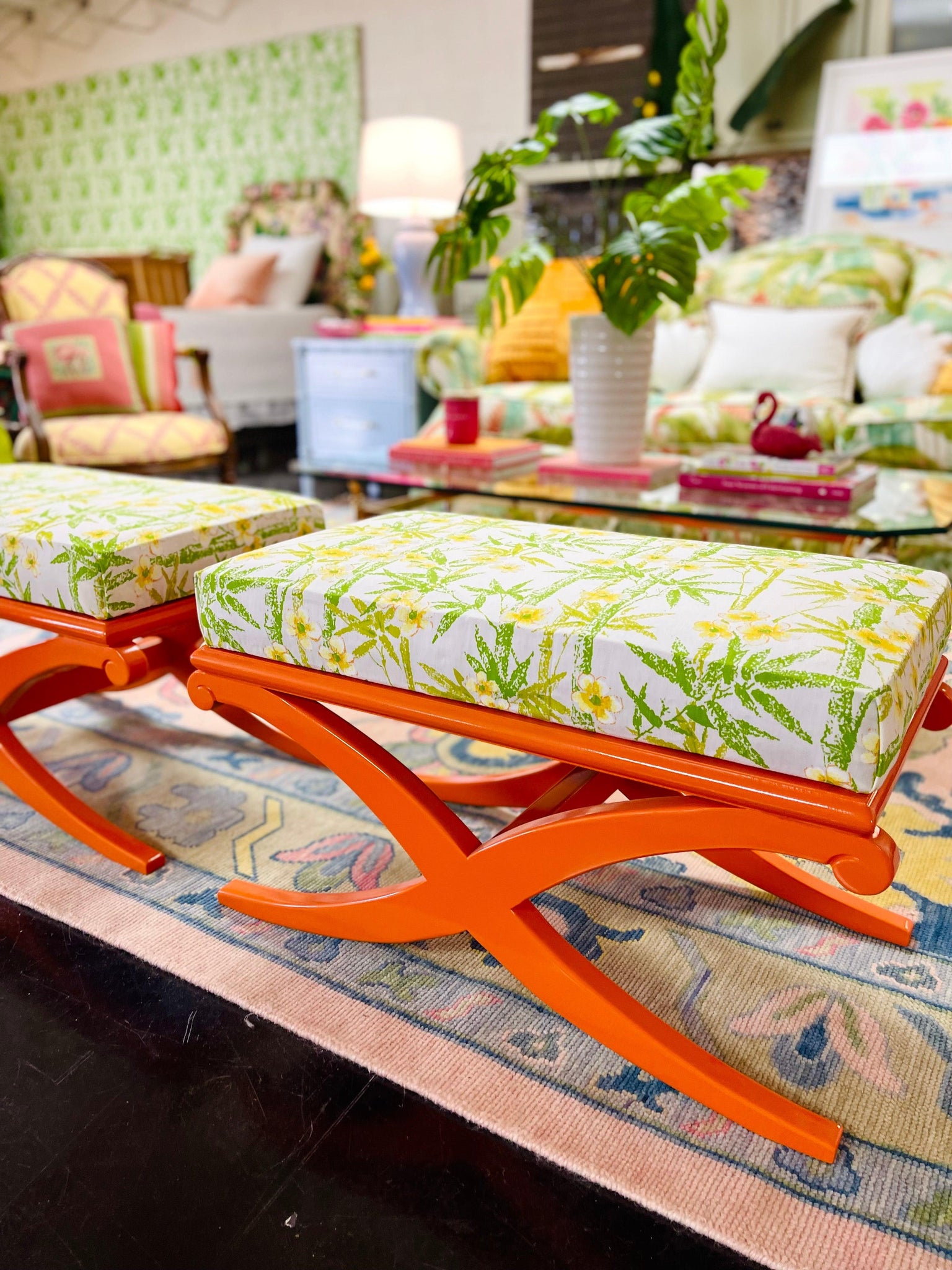 Vintage Pair of Century Furniture Bench/Ottoman Pair Lacquered in Electric Orange - Hibiscus House