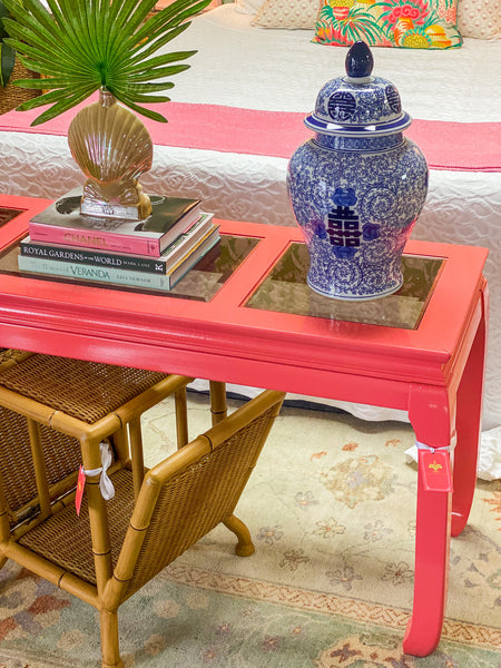 Vintage Mid Century Ming Style Console Table Lacquered in Begonia - Hibiscus House