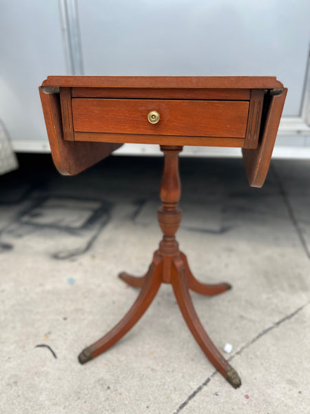 Vintage Drop Leaf Brass Clawfoot Pedestal Accent Table with Drawer Available for Custom Lacquer
