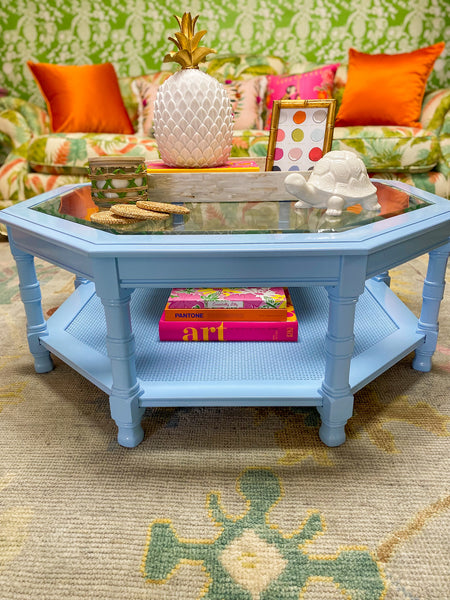 Vintage Mersman Faux Bamboo Glass Top Coffee Table Lacquered in Faded Denim