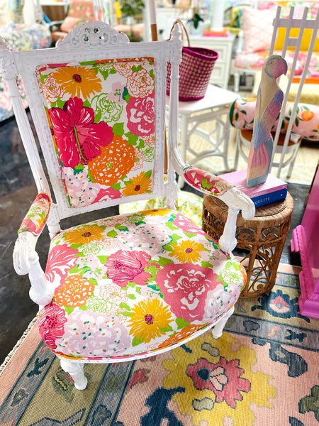 Pair of Lacquered High Back Arm Chair Upholstered in Lilly Pulitzer Fabric Ready to Ship!