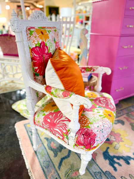 Pair of Lacquered High Back Arm Chair Upholstered in Lilly Pulitzer Fabric Ready to Ship!