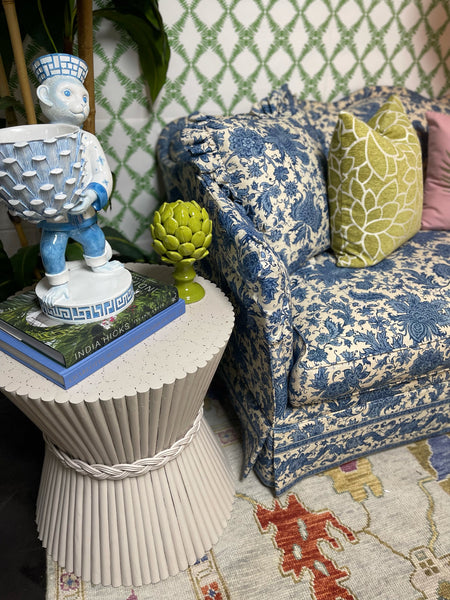 Pearson Furniture Co Custom Upholstered Skirted Scalloped Blue & White Sofa