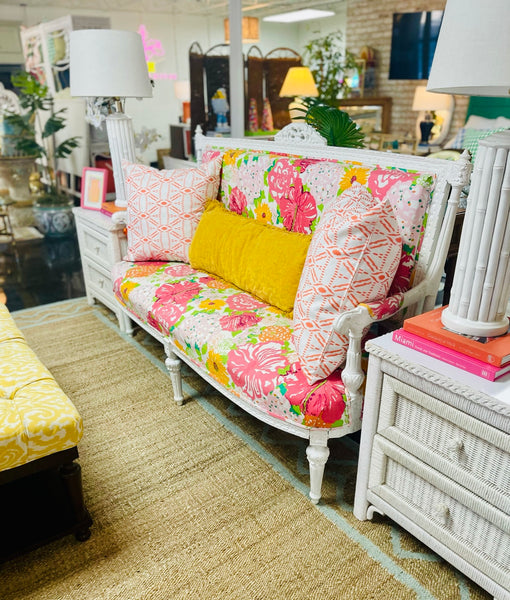 Lacquered Loveseat Upholstered in Custom Lilly Pulitzer Fabric Ready to Ship