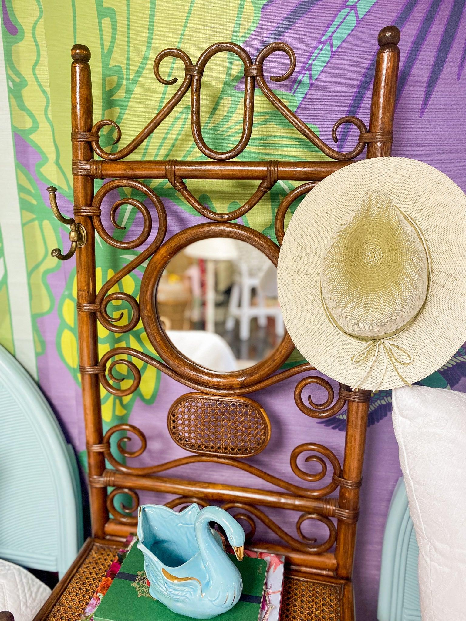 Vintage Cane and Faux Bamboo Hall Tree with Mirror Hibiscus House