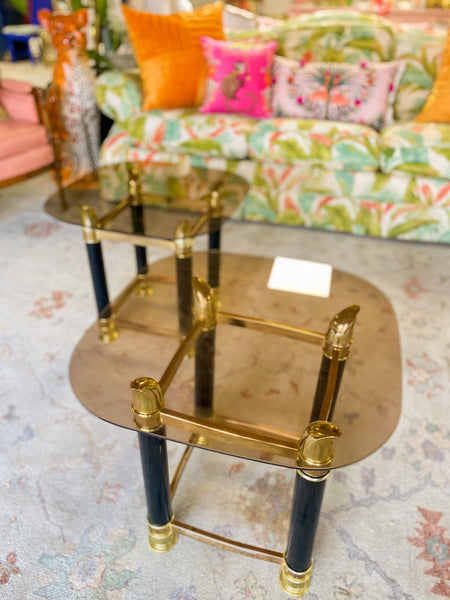 1970's Hollywood Regency Brass Tusk Glass Top End/Side Tables