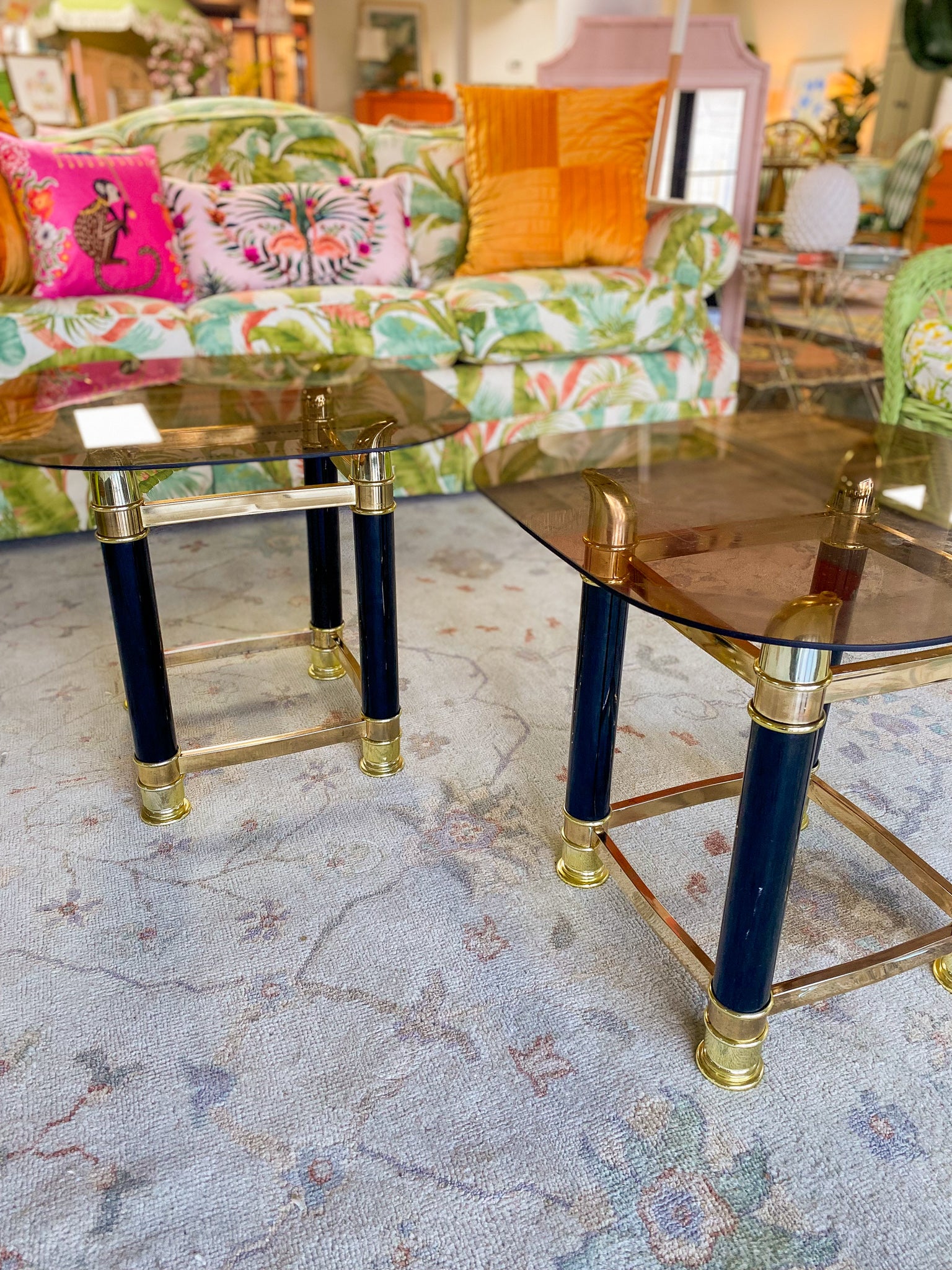 1970's Hollywood Regency Brass Tusk Glass Top End/Side Tables