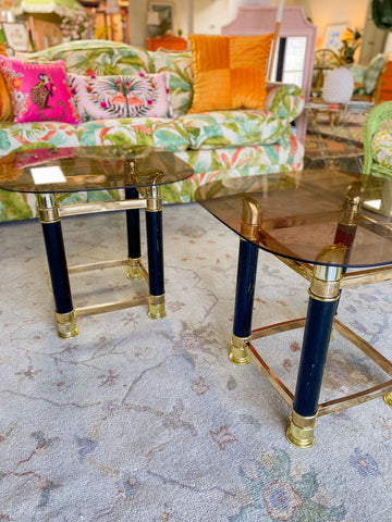 1970's Hollywood Regency Brass Tusk Glass Top End/Side Tables - Hibiscus House