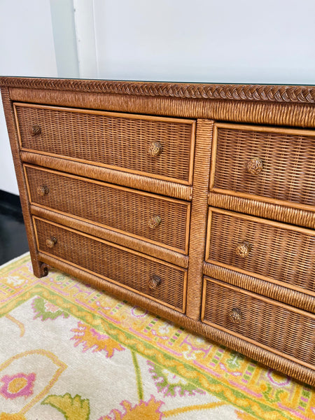 Vintage Brown Henry Link Six Drawer Wicker Dresser with Glass Top Ready to Ship!