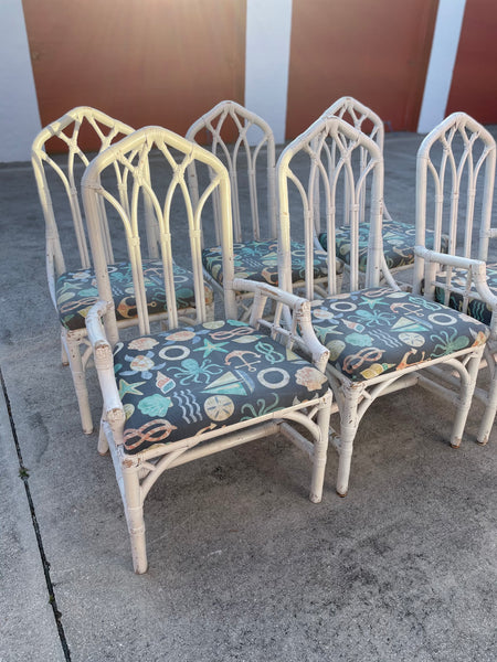 Vintage Henry Link Cathedral Chippendale Rattan Dining Chairs - Hibiscus House
