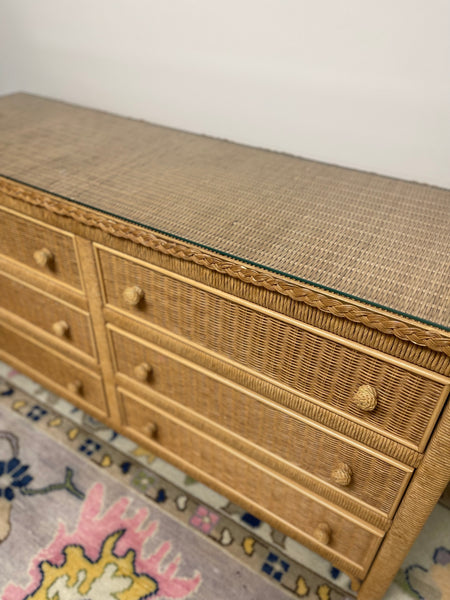 Vintage Henry Link Six Drawer Wicker Dresser with Glass Top Ready to Ship!