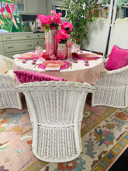 Adorable Vintage White Wicker Dining Set with Four Chairs and Glass Top Table Ready to Ship!