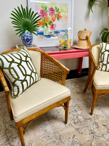 Vintage Pair of Cane Barrel Back Upholstered Chairs