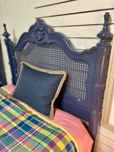 Vintage Cane Twin Headboards Lacquered in Indigo Batik - Hibiscus House