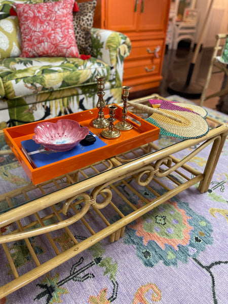 Vintage Rattan Glass Top Inlaid Coffee Table Ready to Ship!