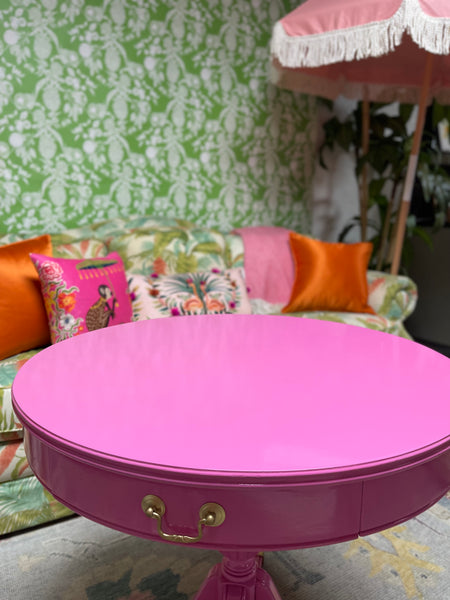 Vintage Mahogany Drum Table Lacquered in Pink Ladies Ready to Ship