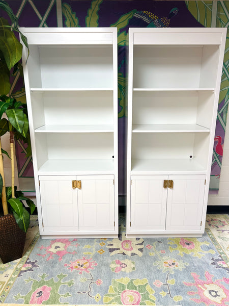 Large Vintage Pair of Drexel Campaign Bookcases Lacquered in White Dove - Ready to Ship!
