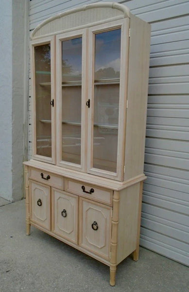 Vintage Broyhill Furniture Faux Bamboo Rounded Top Two Piece China Cabinet Available for Custom Lacquer