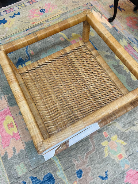 Vintage Wrapped Rattan Square Coffee Table with Glass Top Ready to Ship