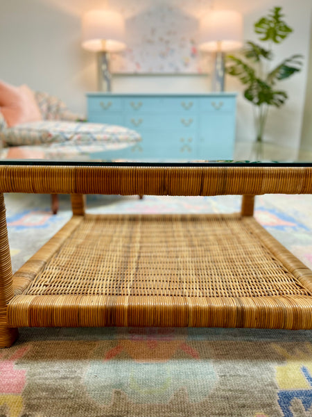 Vintage Wrapped Rattan Square Coffee Table with Glass Top Ready to Ship