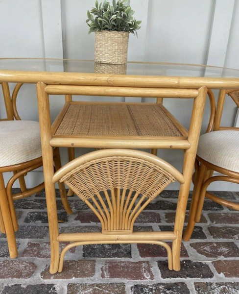 Vintage Rattan Shell Detail Honeymoon Table and Chairs Available for Custom Lacquer!