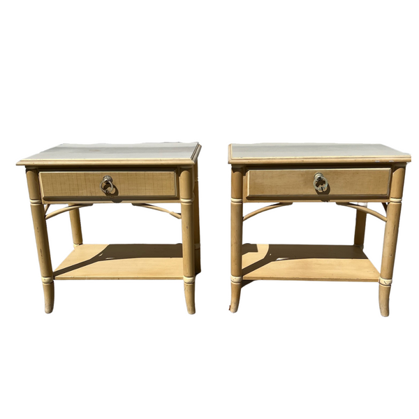 Vintage Faux Bamboo Nightstand Pair with One Drawer and Shelf Available for Custom Lacquer