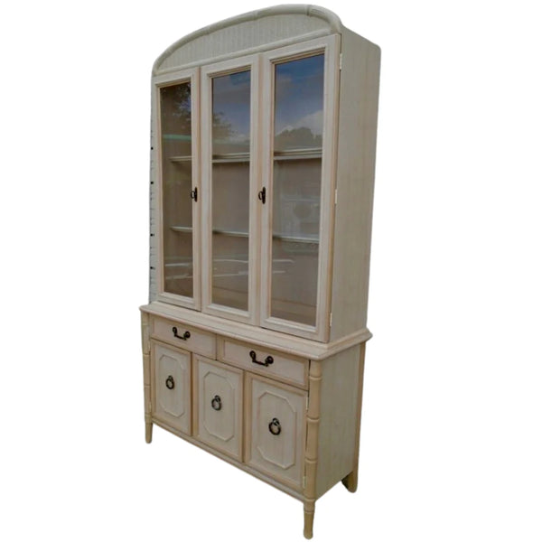 Vintage Broyhill Furniture Faux Bamboo Rounded Top Two Piece China Cabinet Available for Custom Lacquer