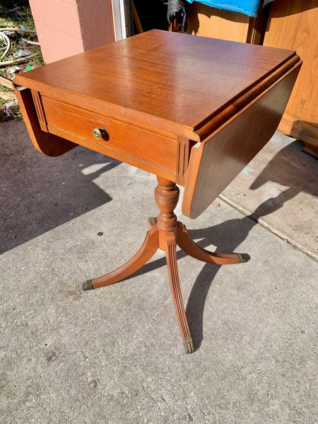 Vintage Drop Leaf Brass Clawfoot Pedestal Accent Table with Drawer Available for Custom Lacquer