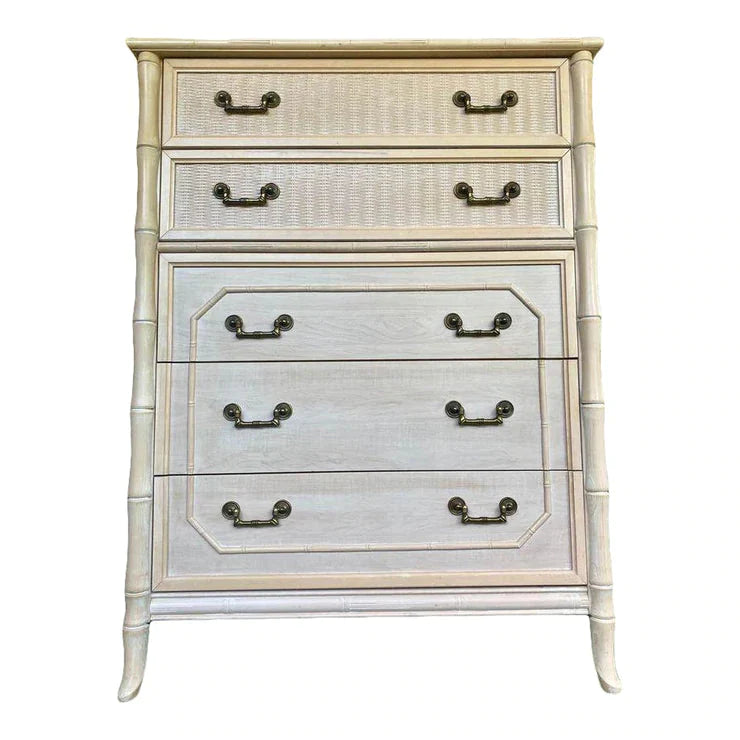Vintage Broyhill Faux Bamboo Five Drawer Tallboy Chest Available for Custom Lacquer!