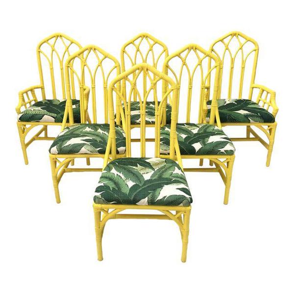 Six Vintage Henry Link Cathedral Chippendale Rattan Dining Chairs
