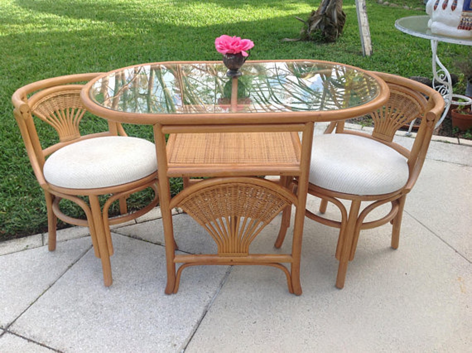 Vintage Rattan Shell Detail Honeymoon Table and Chairs Available for Custom Lacquer!