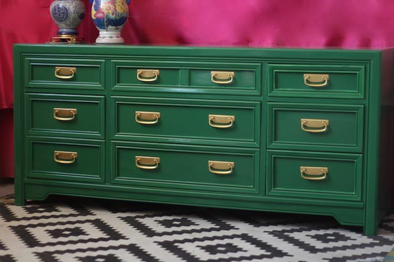 Richmond Biggs Dresser Chest of Drawers in Green Lacquer and Brass