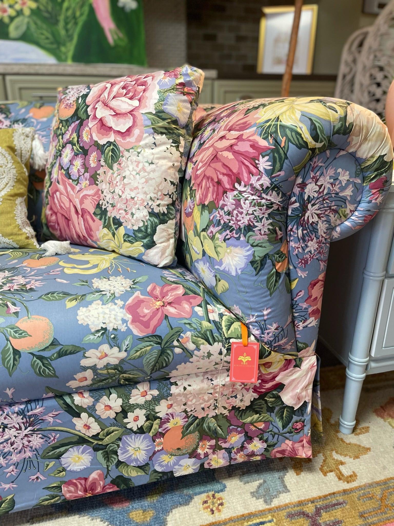 Hollywood Regency Vintage Blue Floral Upholstered Chintz Sofa