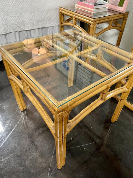 Vintage Rattan Glass Top End Tables- Pair - Hibiscus House