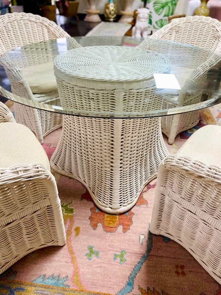 Adorable Vintage White Wicker Dining Set with Four Chairs and Glass Top Table Ready to Ship!