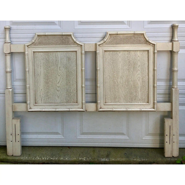 Vintage Mid-Century Chinoiserie Faux Bamboo and Caned Pagoda Queen Headboard - Hibiscus House