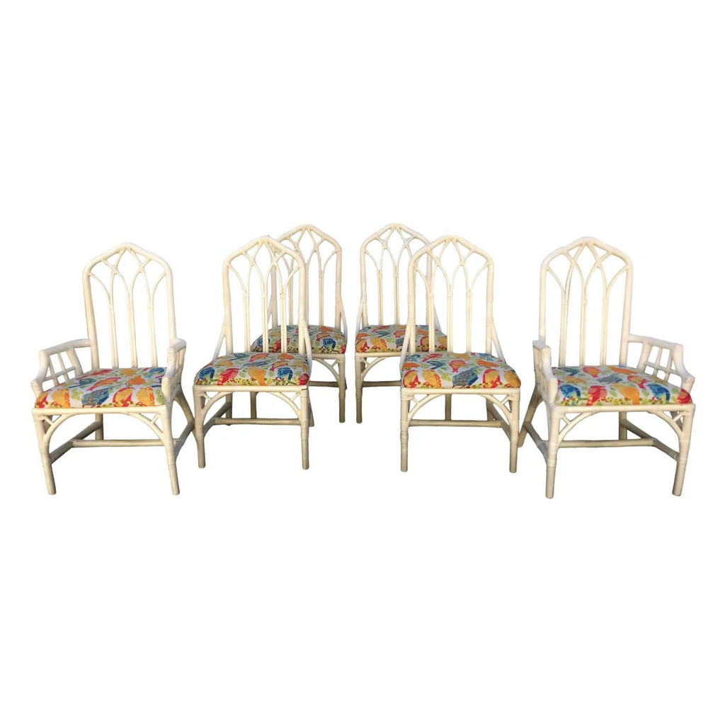 Six Vintage Henry Link Cathedral Chippendale Rattan Dining Chairs